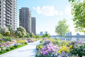 A vibrant park with colorful flowers lines a pathway near modern city buildings