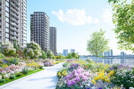 A vibrant park with colorful flowers lines a pathway near modern city buildings - Powered by Adobe