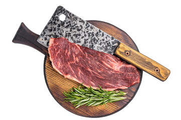Raw top sirloin cut or rump steak, fresh beef meat. isolated on white background. top view