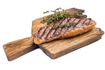 Grilled  Top Sirloin, cooked rump beef steak. isolated on white background. top view