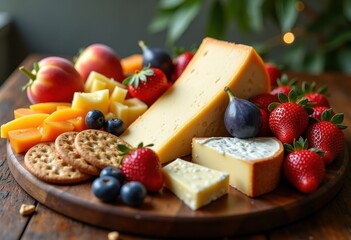 artisanal cheese platter gourmet seasonal fruits textures vibrant colors cracker accents delicate arrangement community sharing, crackers, cheeseboard