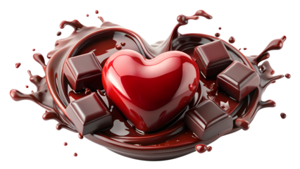 Photo of a glossy red heart shape is surrounded by dark chocolate splashes and cubes, symbolizing love and indulgence isolated on transparent background