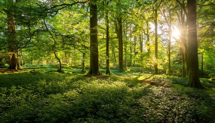 Naklejka premium lush green foliage vibrant leaves sunlight dappling through trees creating a serene and peaceful natural scene perfect for nature eco spring and wellness projects light color summer