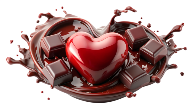 Photo of a glossy red heart shape is surrounded by dark chocolate splashes and cubes, symbolizing love and indulgence isolated on transparent background - Powered by Adobe