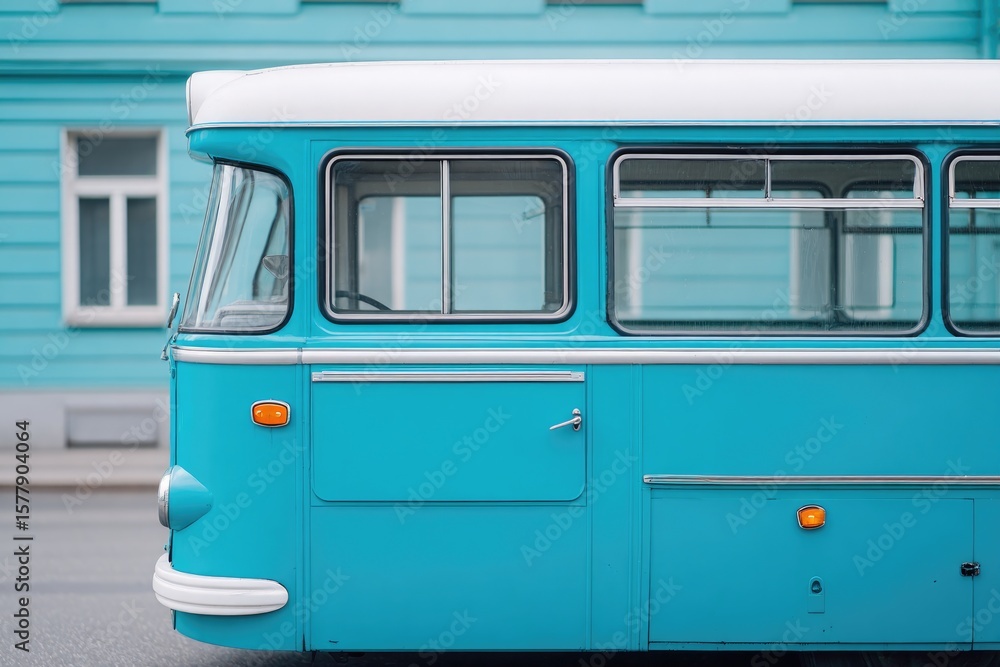 Poster close-up of vintage bus exterior showcasing weathered textures with ample copy space for text