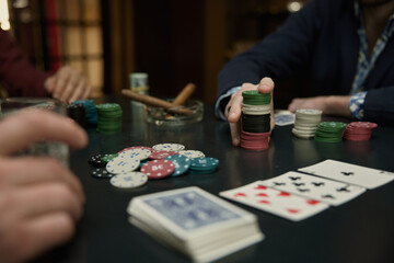 An intense poker game featuring chips, thrilling and excitement