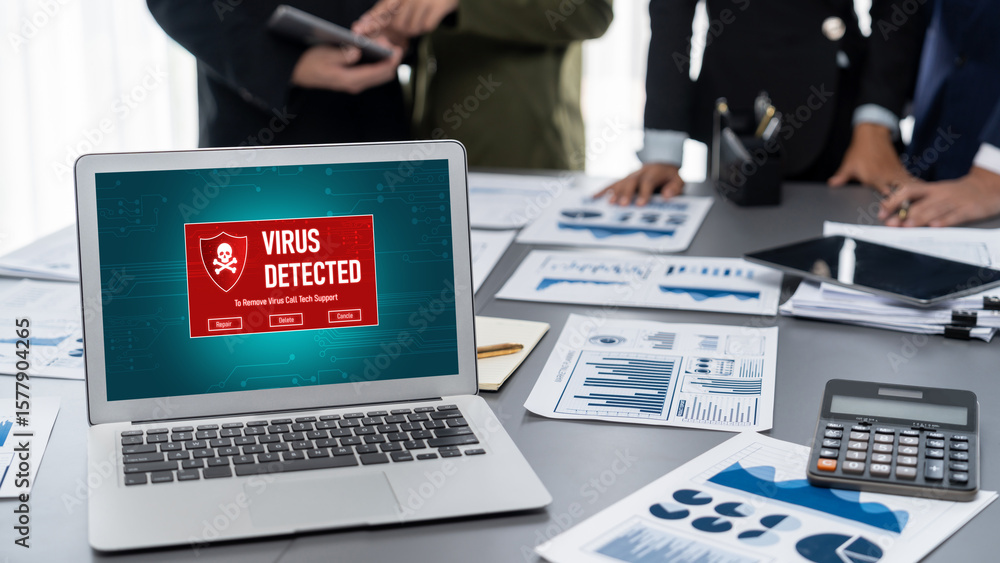 Poster virus warning alert on computer screen detected brisk cyber threat , hacker, computer virus and malw