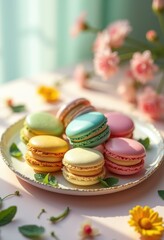 Obraz premium assorted colorful macarons pastry treats delightful pastel background sweet refined confectionery artful display, dessert, cookie, decadent, baking, cream