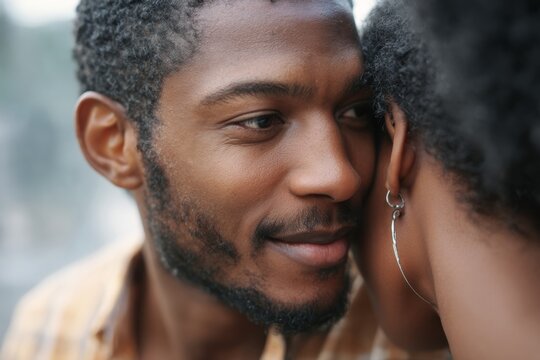 In a tender moment, a man leans close to whisper affectionate words into his partners ear. The background is softly blurred, highlighting their loving connection