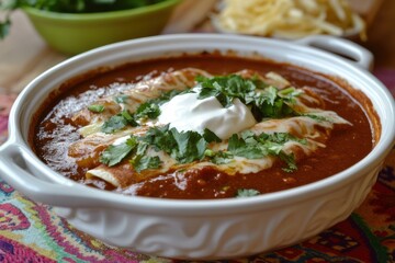 A delicious bowl of enchiladas topped with cilantro and sour cream