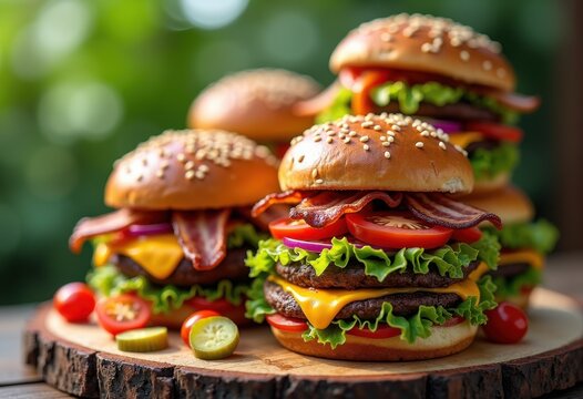 bold stack colorful mouthwatering burgers fresh ingredients tempting toppings deliciously presented, lettuce, tomato, patty, bun, sesame, meat, vegetable