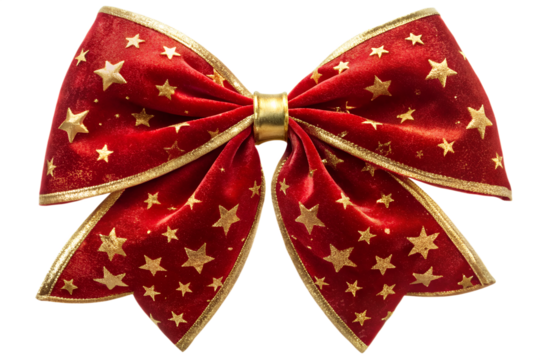 Photo of a festive red velvet bow adorned with golden stars and gold trim is isolated on a transparent background for holiday gifts