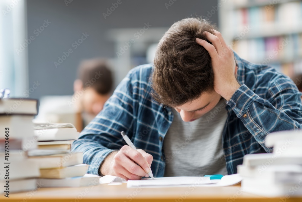 Poster close-up view of a student showing intense focus and nervous energy while writing an exam. bright cl