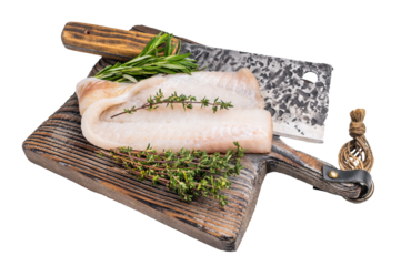 Freshly cut cod fish fillet, highlighting its mild taste and versatility in various dishes. isolated on white background. top view