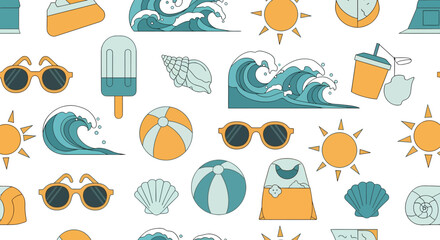 Summer themed pattern with sunglasses waves suns beach balls and seashells.