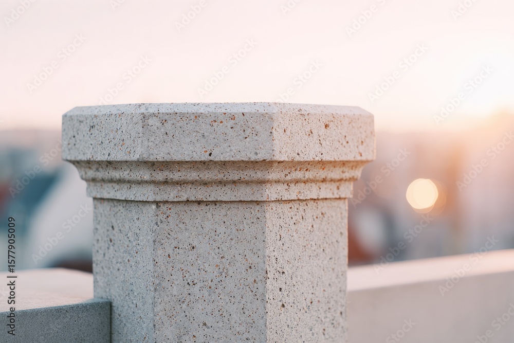 Poster close-up of concrete column showing exposed aggregate texture and decorative chamfer lines under sun