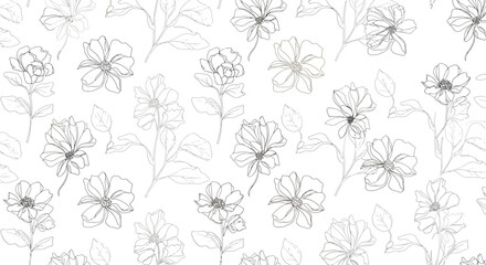Delicate floral pattern with outlined flowers and leaves on stems in grayscale.