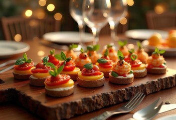 Naklejka premium colorful assortment vibrant appetizer bites culinary delights party plate finger foods platter, munchies, dish, veggie, cheese, meat, fruit, refreshing