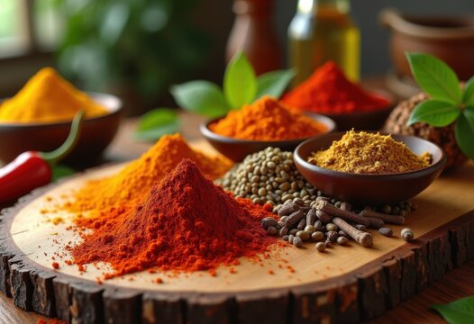 colorful assortment spices wooden cutting board culinary ingredients seasoning flavorful aroma, aromatic, texture, herb, pepper, salt, sumac, paprika, basil