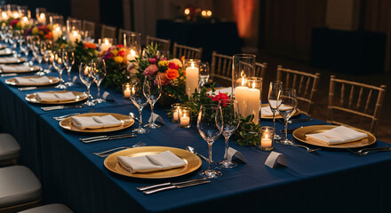 A long banquet table set with gold chargers, glassware, candles, and floral arrangements for a formal event