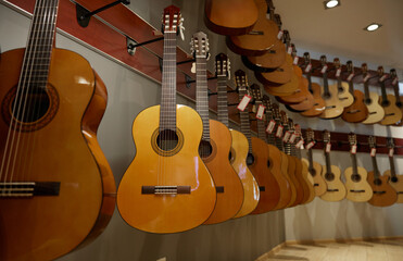 A large assortment of guitars is beautifully hanging on a wall