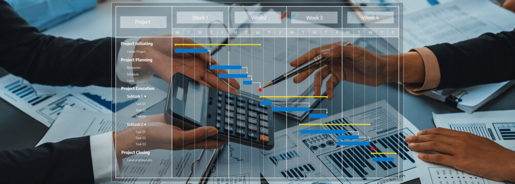 A professional setting showcasing project management techniques with a Gantt chart, calculator, and detailed reports illustrating effective teamwork and execution strategy. Amity