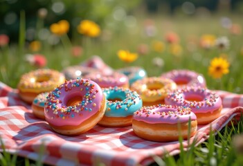 colorful candy coated donuts served vibrant picnic blanket delight sweet treat dessert outdoor celebration, glaze, icing, baked, goods, frosting, topping, sugar