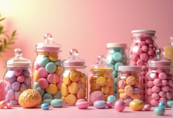 colorful candy jars bright pastel background sweet treats dessert display vibrant candyland imagination, sweets, colors, shape, textures, delight, fun