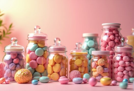 colorful candy jars bright pastel background sweet treats dessert display vibrant candyland imagination, sweets, colors, shape, textures, delight, fun - Powered by Adobe