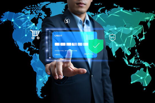 Businessman Touching Virtual Credit Card Interface with Global Digital Map Background Representing Online Payment and Cyber Security