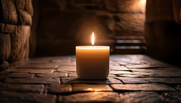 a single candle flickers softly on a dark stone floor casting a warm glow in a serene shadowy environment - Powered by Adobe