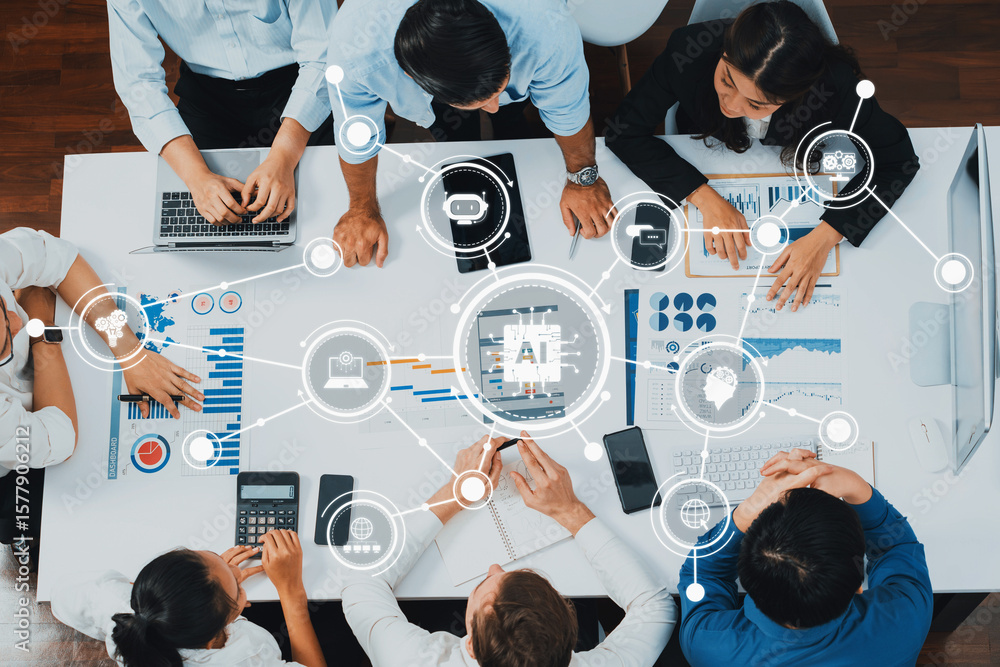 Aufkleber a dynamic business meeting showcasing professionals collaborating over data analysis with laptops an