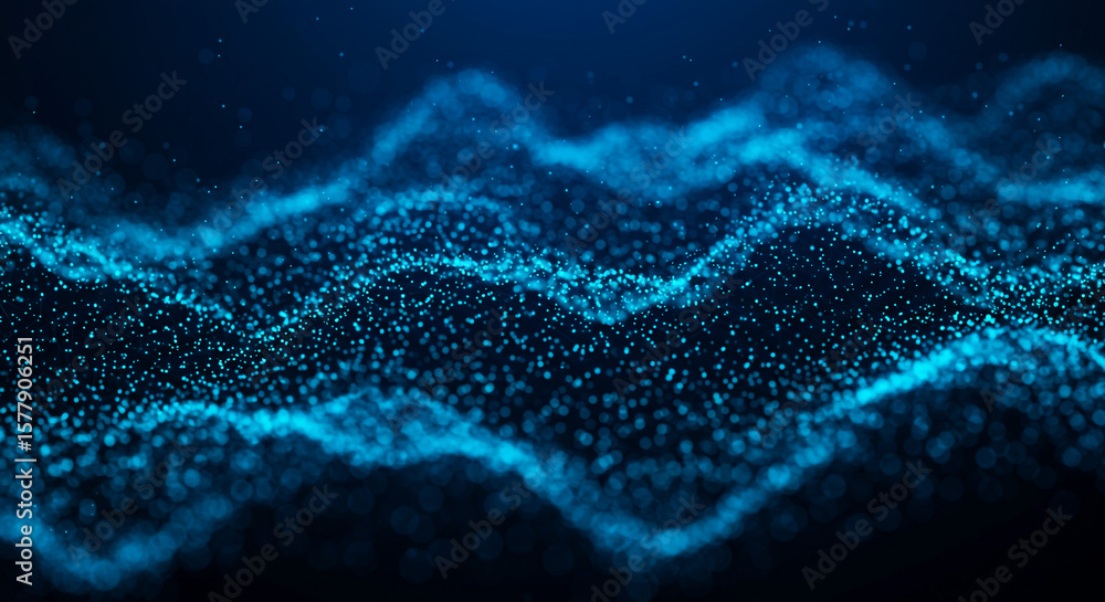 Poster abstract blue glowing particle wave background with dark backdrop and bright blue light effect desig