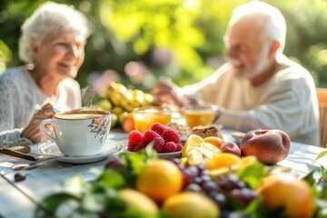 A retired couple happily shares breakfast on a sunny terrace, surrounded by fresh fruits and coffee on the table. The moment captures joy and connection in a beautiful outdoor setting