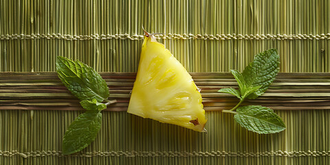 Pineapple slice with mint leaves on bamboo mat
