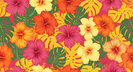 Vibrant hibiscus flowers and monstera leaves pattern in shades of pink yellow orange and green.