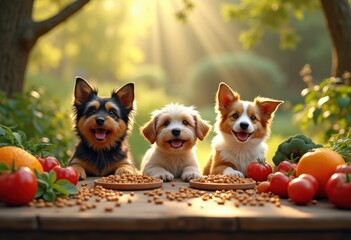healthy dog food vibrant natural setting fresh wholesome lush playful canines enjoying nutrition, ingredients, greenery, nature, organic, vegetables, meat
