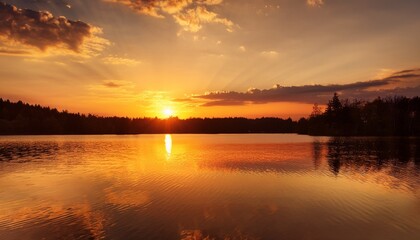 a serene sunset over a calm lake reflecting golden hues on the water