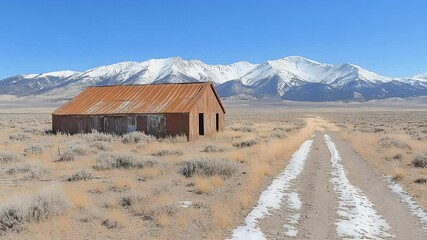 Rusty Relic: Abandoned Barn in Snowy Mountain Landscape - Powered by Adobe