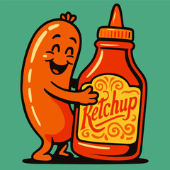Sausage hugging ketchup bottle. Retro cartoon groovy vector illustration