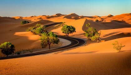 a winding road cuts through vast golden sand dunes with sparse green trees scattered along the path during sunset