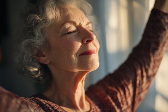 Senior woman engages in stretching exercises in the soft morning light, radiating energy and positivity, enhancing her physical well-being and mindfulness