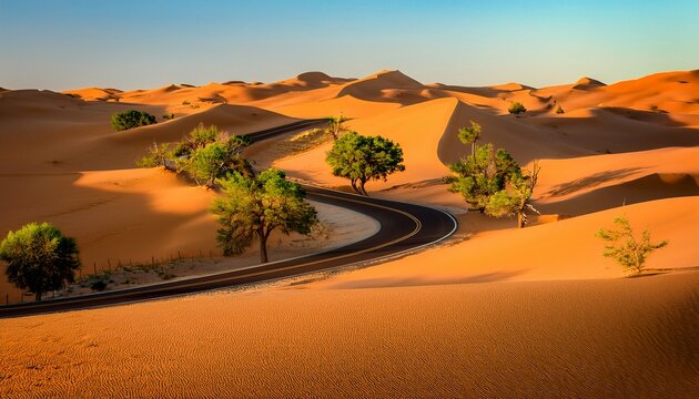 a winding road cuts through vast golden sand dunes with sparse green trees scattered along the path during sunset