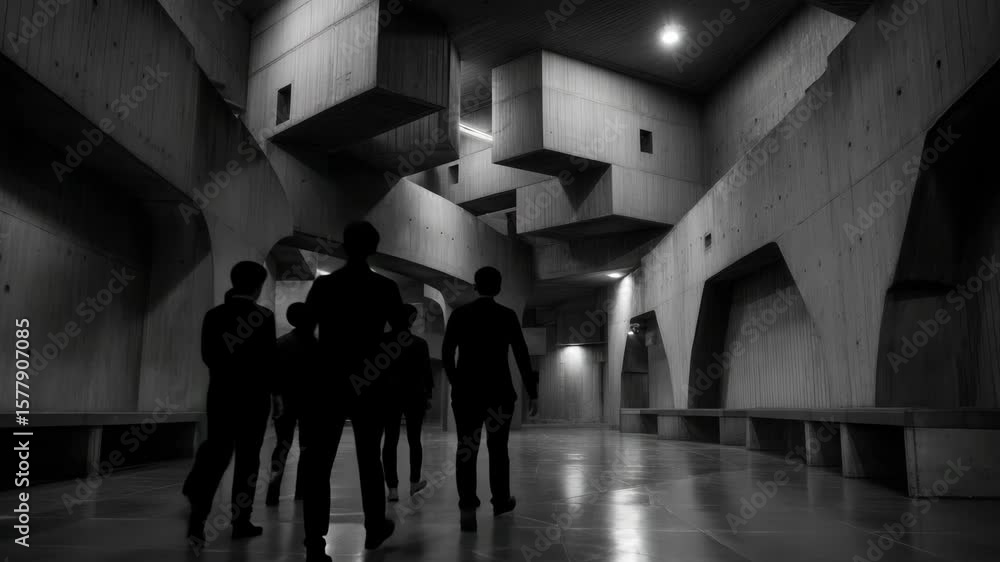 Aufkleber group of people walking along long corridor of modern building with geometric architecture made of c