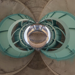 Abstract view of little planet transformation of spherical panorama 360 degrees. Spherical abstract aerial view on steel frame and concrete construction huge car bridge. Curvature of space.