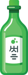 Green Glass Bottle of Soju, Korean Rice Wine, Traditional Drink, Asian Beverage, Flat Design Illustration