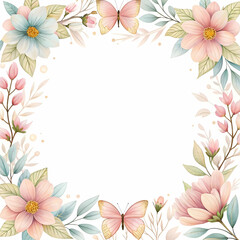 Fototapeta premium Butterfly-Adorned Floral Frame with Pink, Peach, and Blue Blossoms