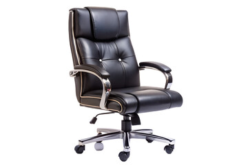 Fototapeta premium Photo of a black leather executive office chair with chrome accents, isolated on a transparent background
