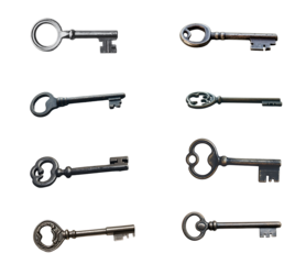 Antique Skeleton Keys Set Collection Various Styles Metal Grey Background isolated on a transparent background