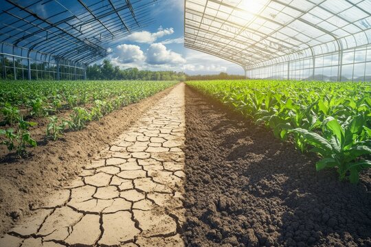 Parched earth cracking beside thriving greenhouse splitscreen composition